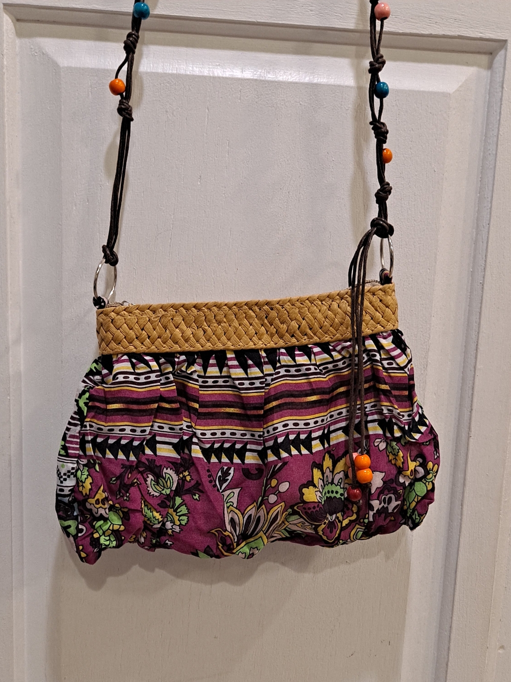 Vintage Boho Purple Yellow Green Floral Crossbody Woven Straw Trim Bead Strap